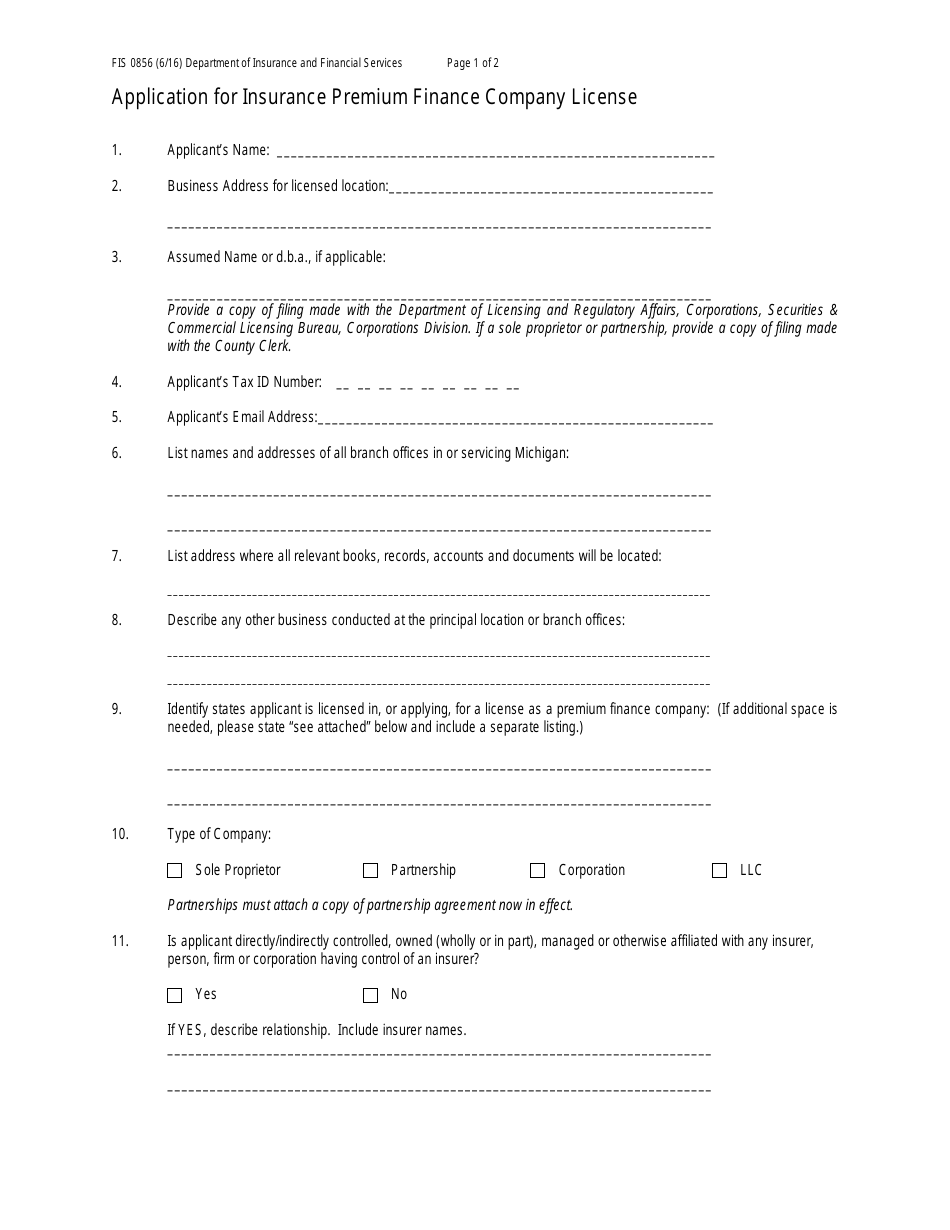 Form FIS0856 Application for Insurance Premium Finance Company License - Michigan, Page 1