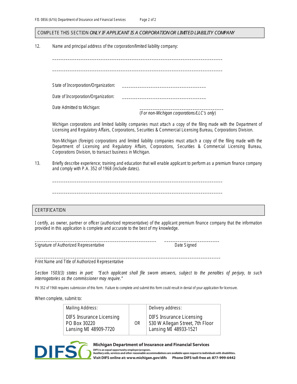 Form FIS0856 Application for Insurance Premium Finance Company License - Michigan, Page 2