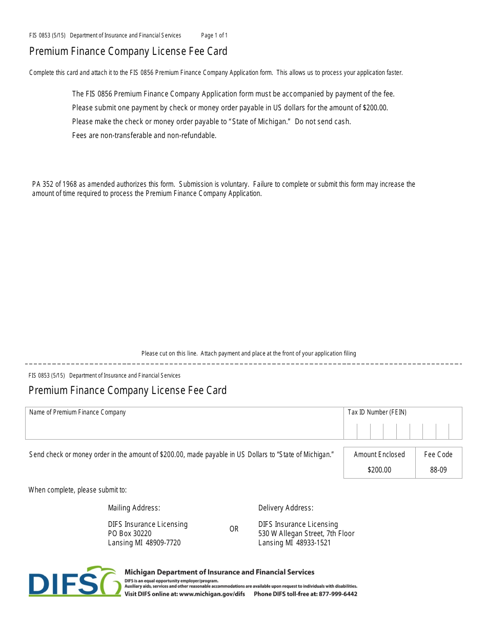 Form FIS0853 Premium Finance Company License Fee Card - Michigan, Page 1