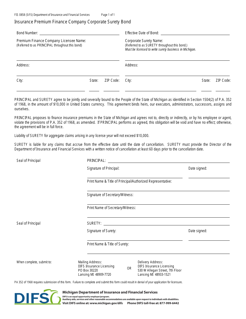 Form FIS0858 Insurance Premium Finance Company Corporate Surety Bond - Michigan, Page 1