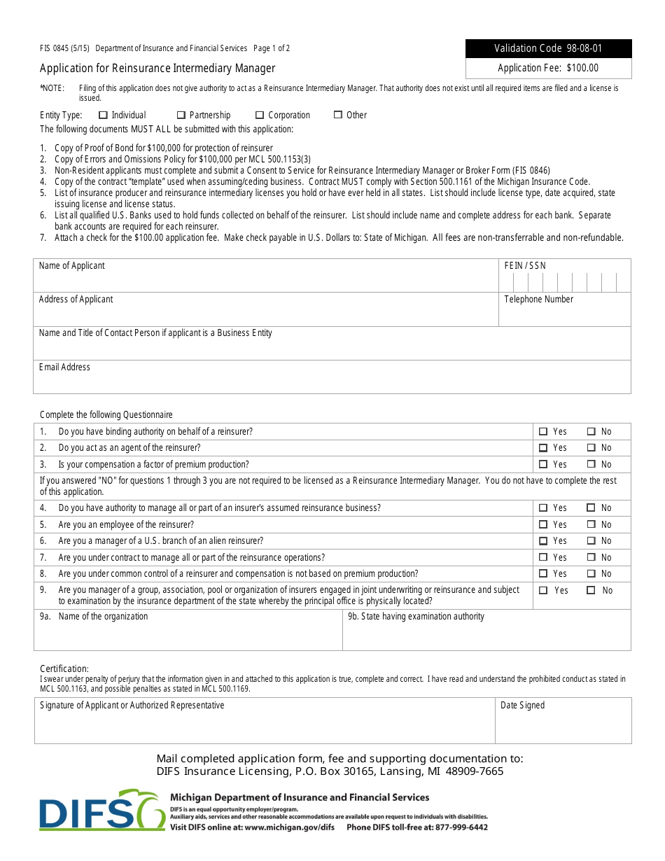 Form FIS0845 Application for Reinsurance Intermediary Manager - Michigan, Page 1