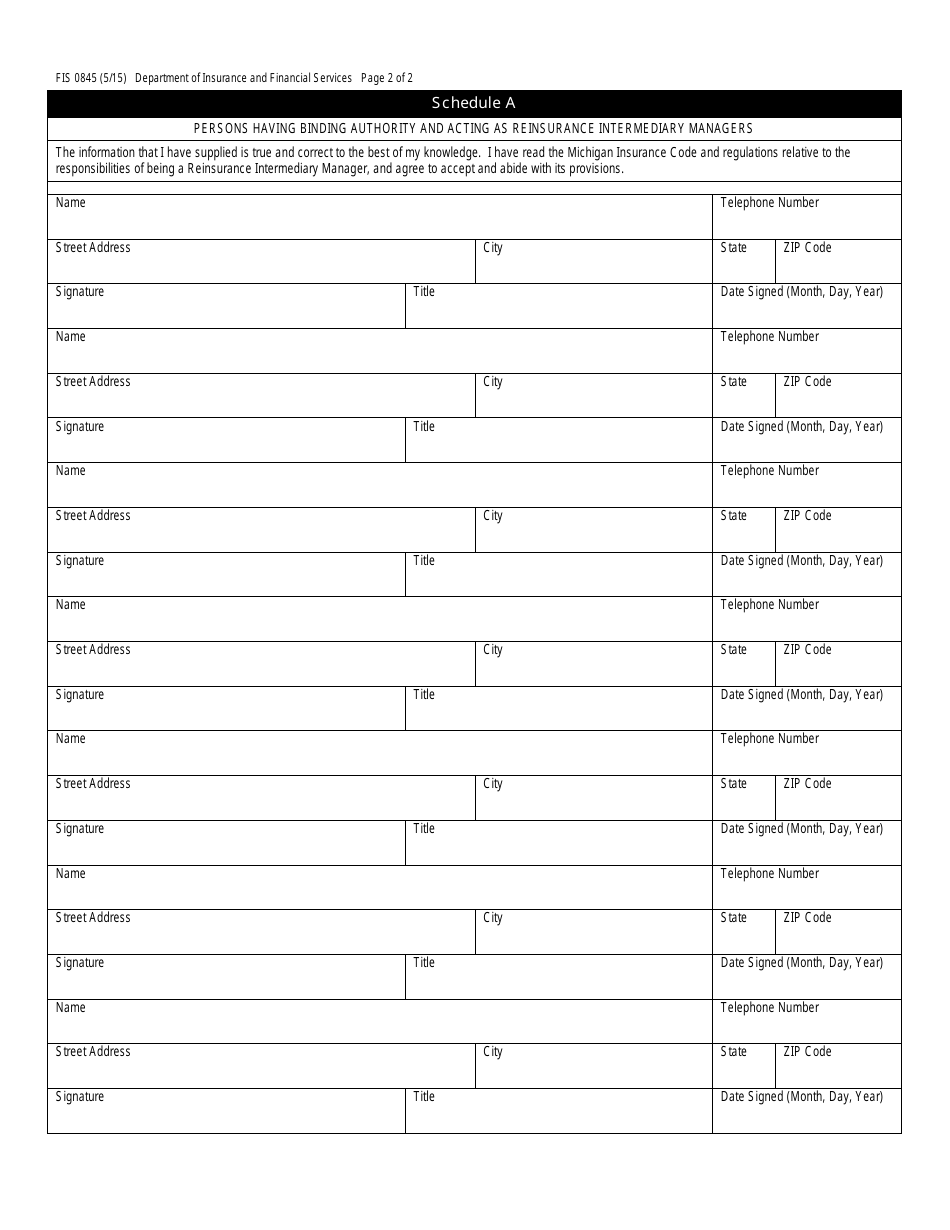 Form FIS0845 Application for Reinsurance Intermediary Manager - Michigan, Page 2