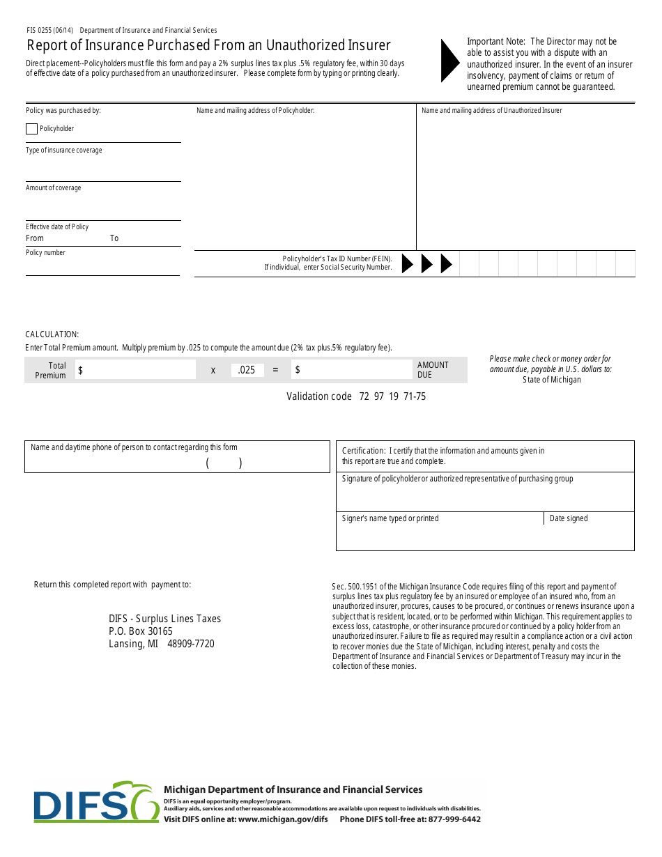 Form FIS0255 Report of Insurance Purchased From an Unauthorized Insurer - Michigan, Page 1