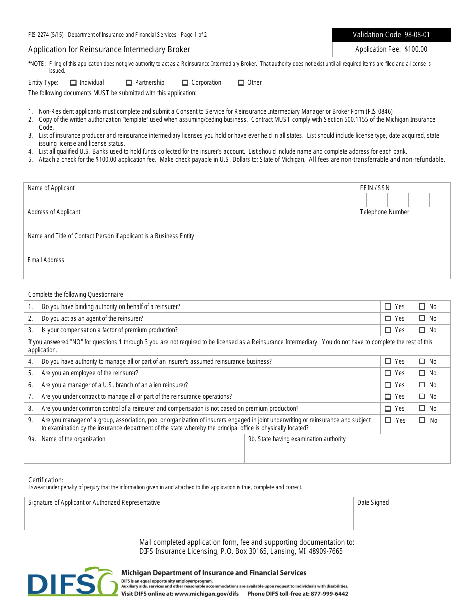 Form FIS2274 Application for Reinsurance Intermediary Broker - Michigan, Page 1