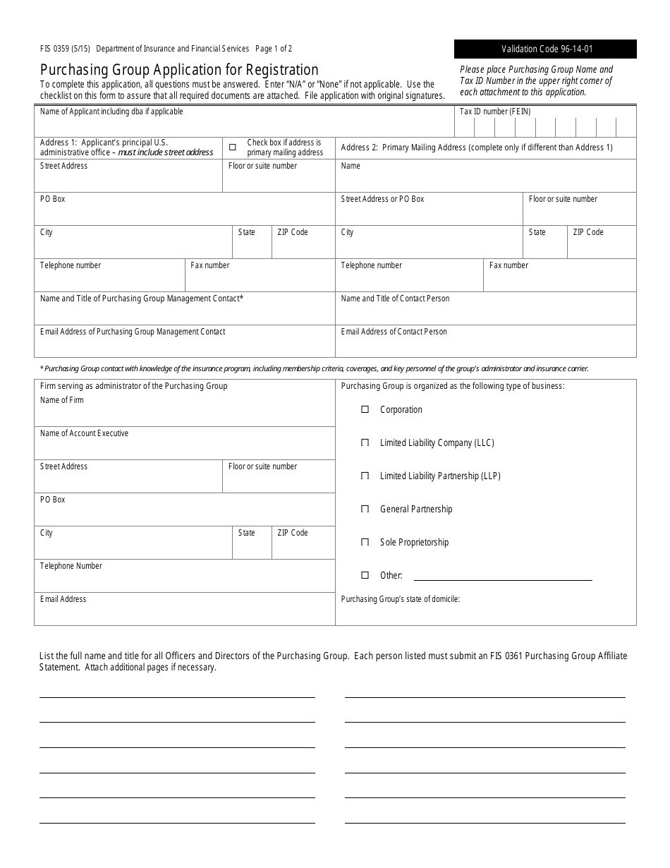 Form FIS0359 Purchasing Group Application for Registration - Michigan, Page 1