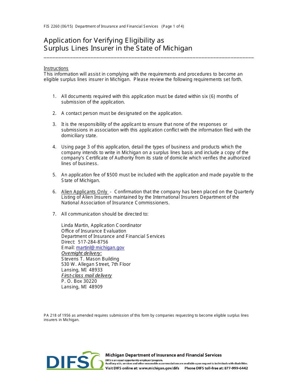 Form FIS2260 Application for Verifying Eligibility as Surplus Lines Insurer in the State of Michigan - Michigan, Page 1