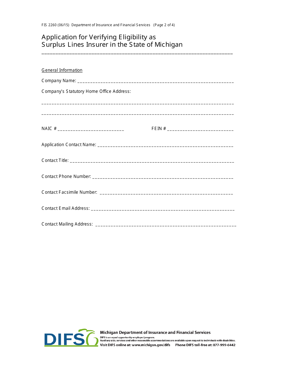 Form FIS2260 Application for Verifying Eligibility as Surplus Lines Insurer in the State of Michigan - Michigan, Page 2