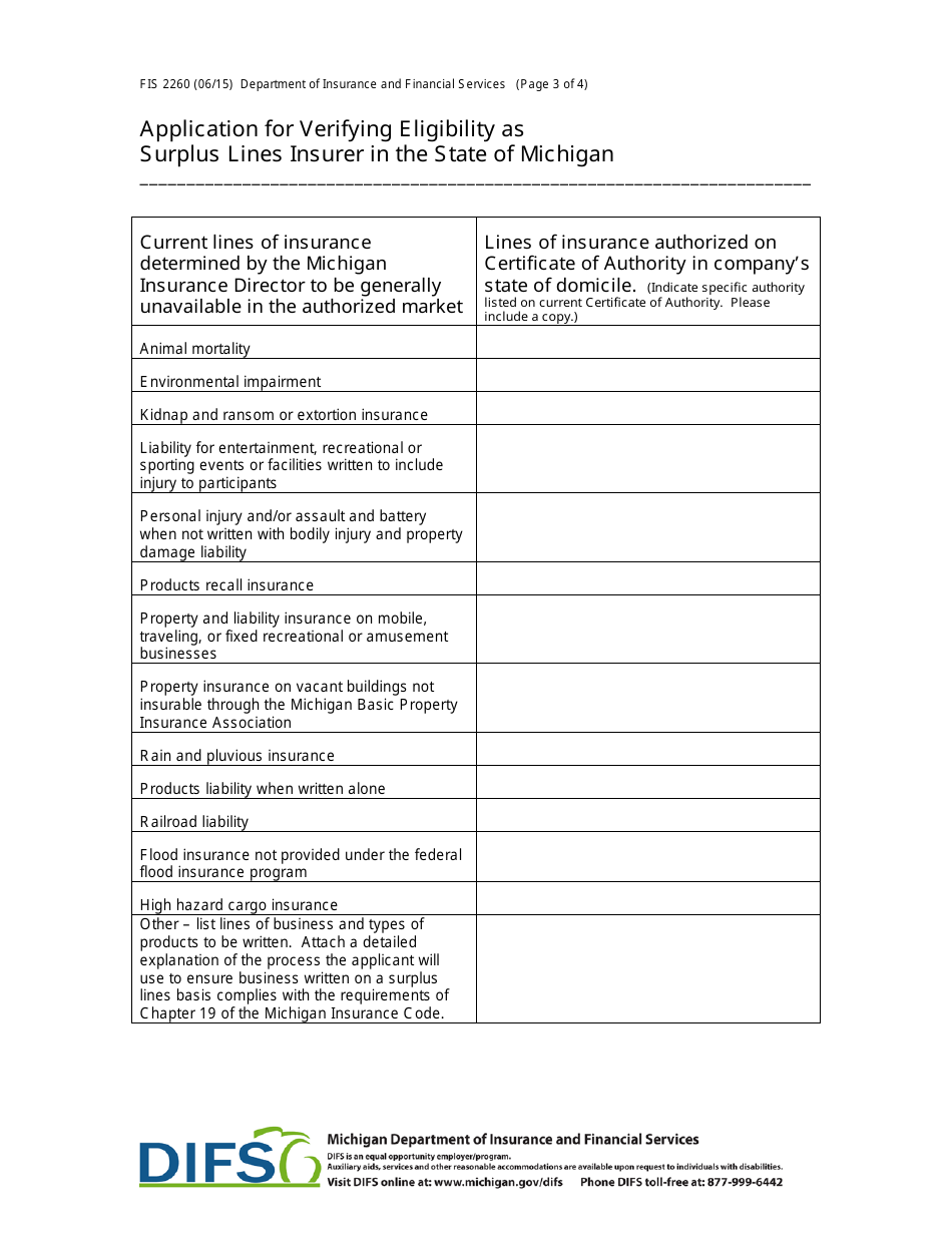 Form FIS2260 Application for Verifying Eligibility as Surplus Lines Insurer in the State of Michigan - Michigan, Page 3