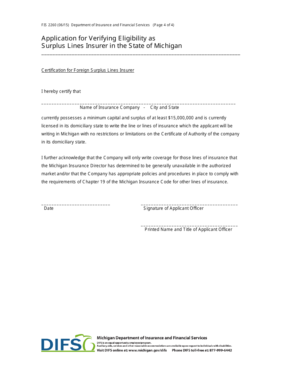 Form FIS2260 Application for Verifying Eligibility as Surplus Lines Insurer in the State of Michigan - Michigan, Page 4