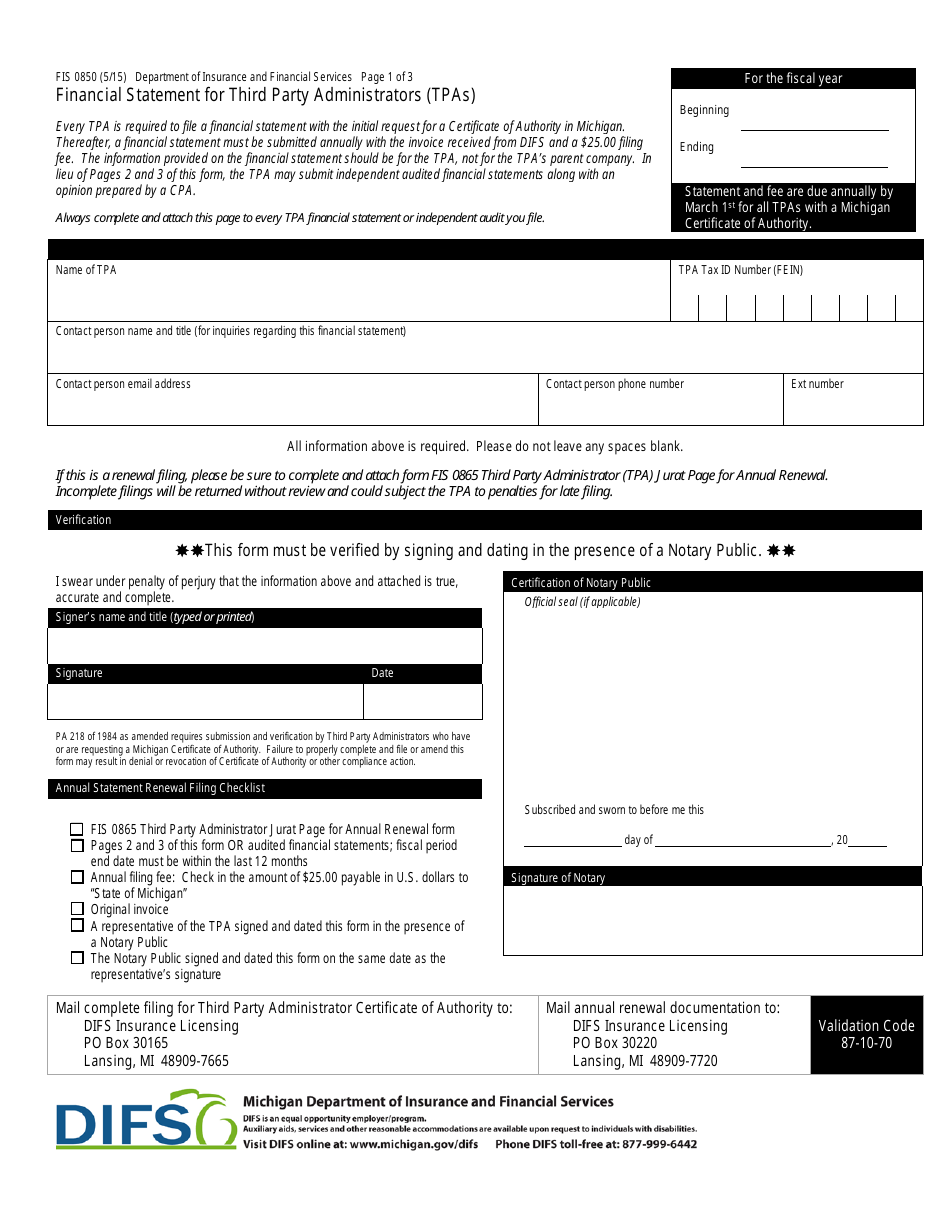 Form FIS0850 Financial Statement for Third Party Administrators (Tpas) - Michigan, Page 1
