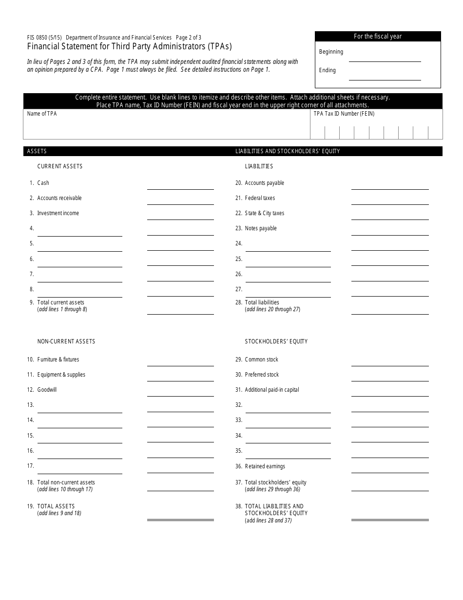 Form FIS0850 Financial Statement for Third Party Administrators (Tpas) - Michigan, Page 2