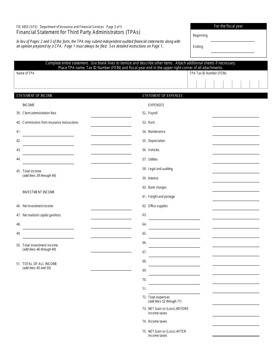 Form FIS0850 Financial Statement for Third Party Administrators (Tpas) - Michigan, Page 3