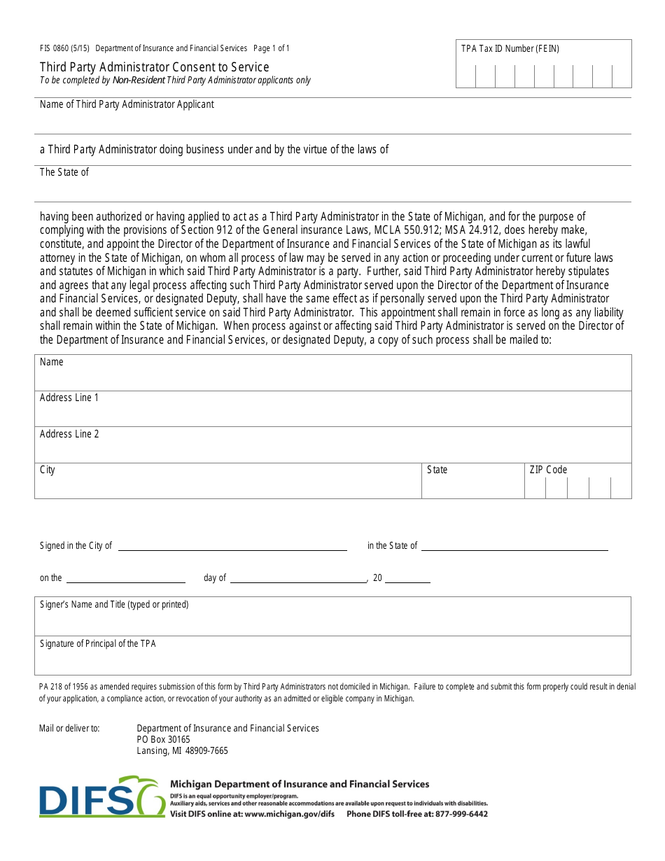 Form FIS0860 Third Party Administrator Consent to Service - Michigan, Page 1