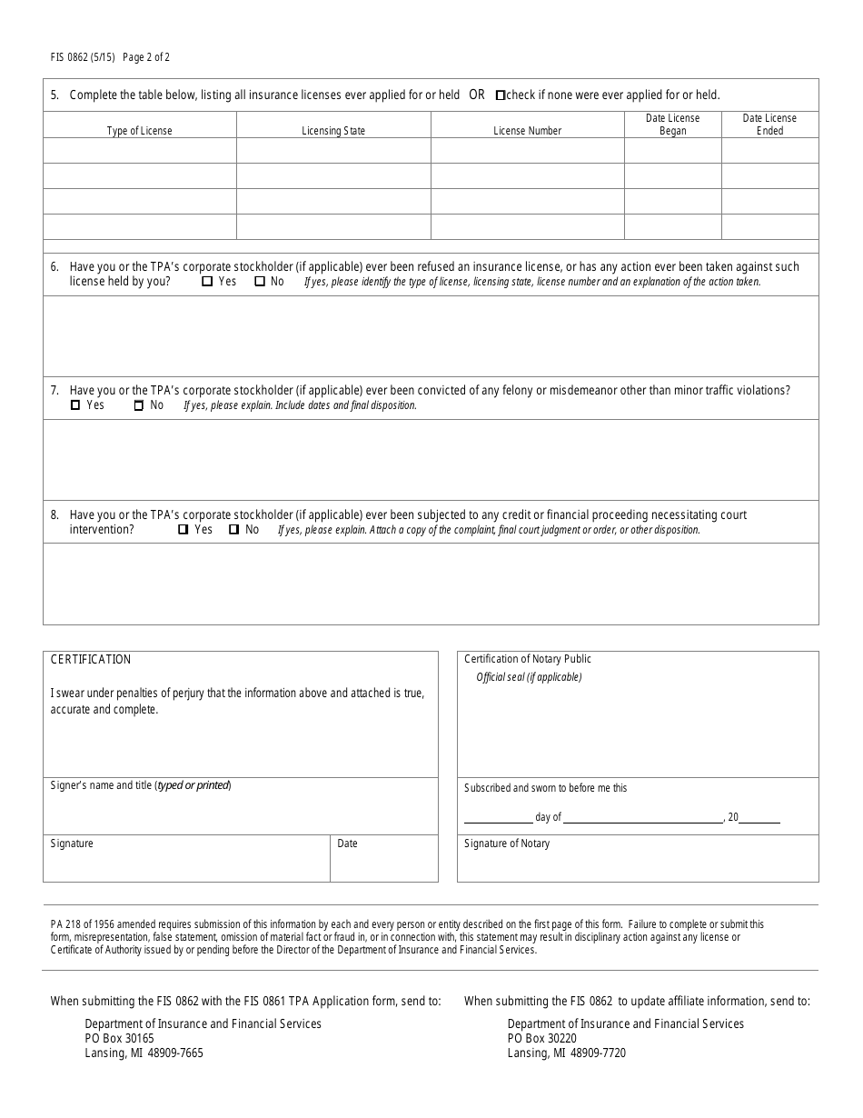 Form FIS0862 Third Party Administrator (Tpa) Affiliation Statement - Michigan, Page 2