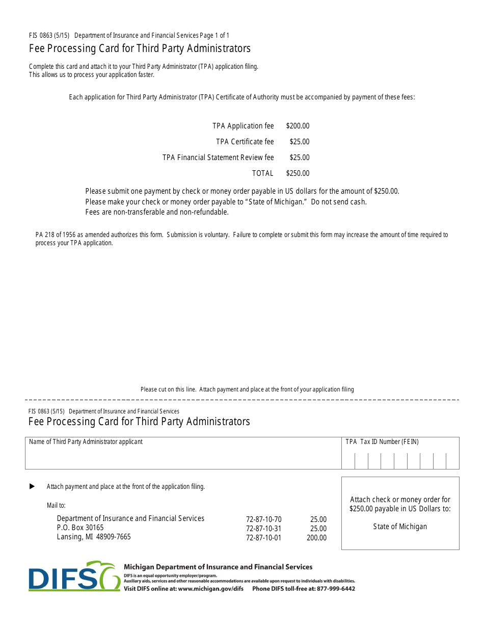 Form FIS0863 Fee Processing Card for Third Party Administrators - Michigan, Page 1