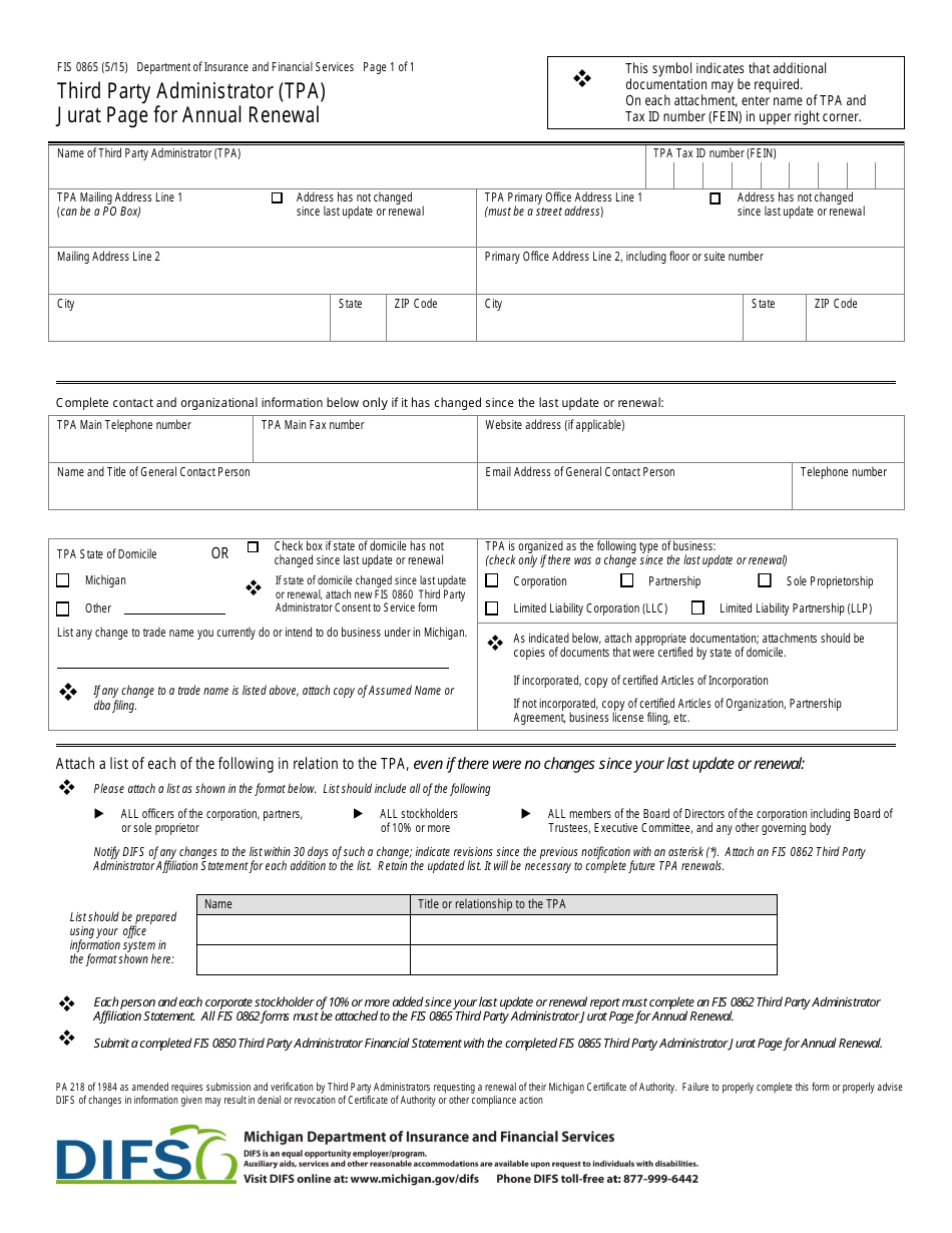 Form FIS0865 Third Party Administrator Jurat Page for Annual Renewal - Michigan, Page 1