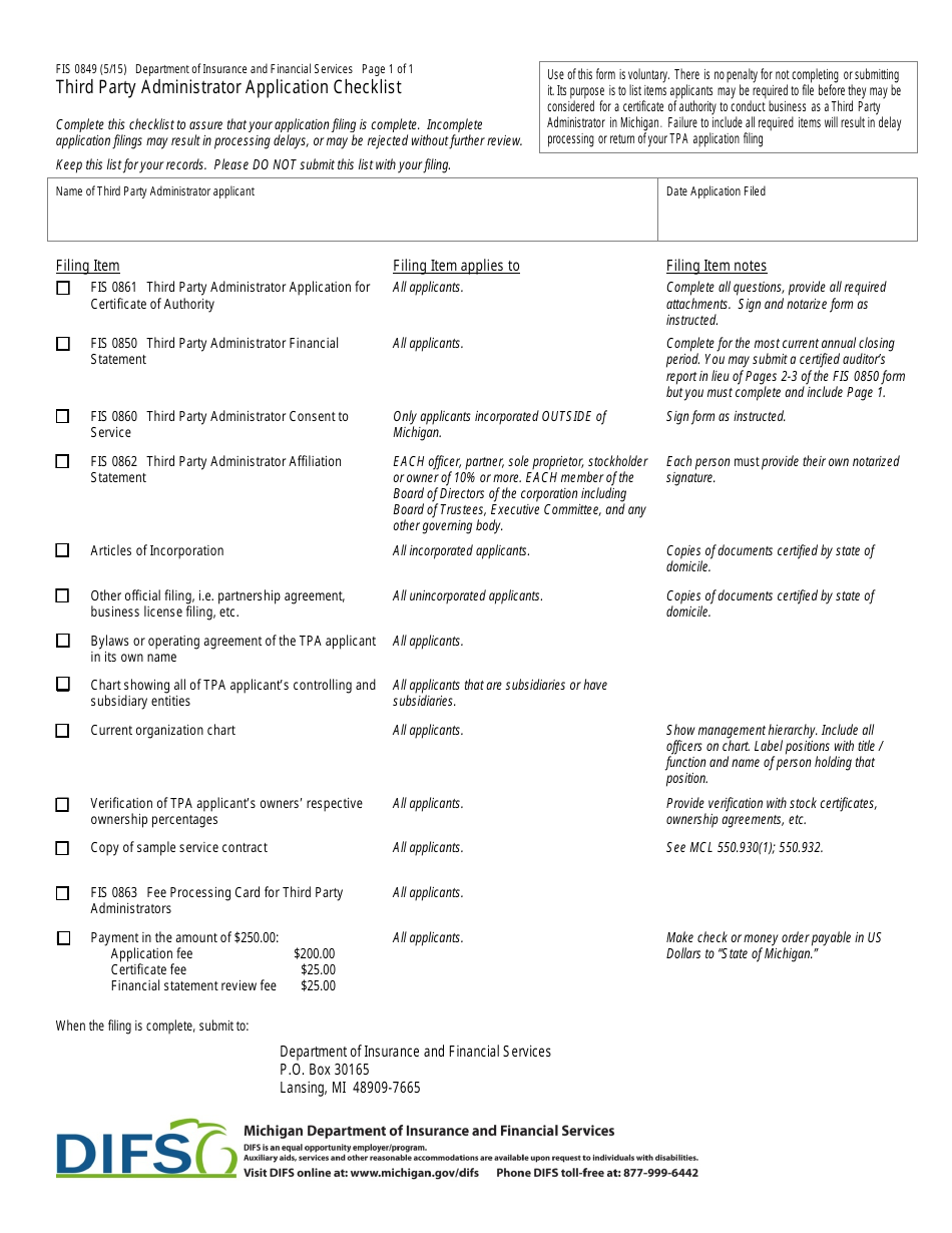Form FIS0849 Third Party Administrator Application Checklist - Michigan, Page 1
