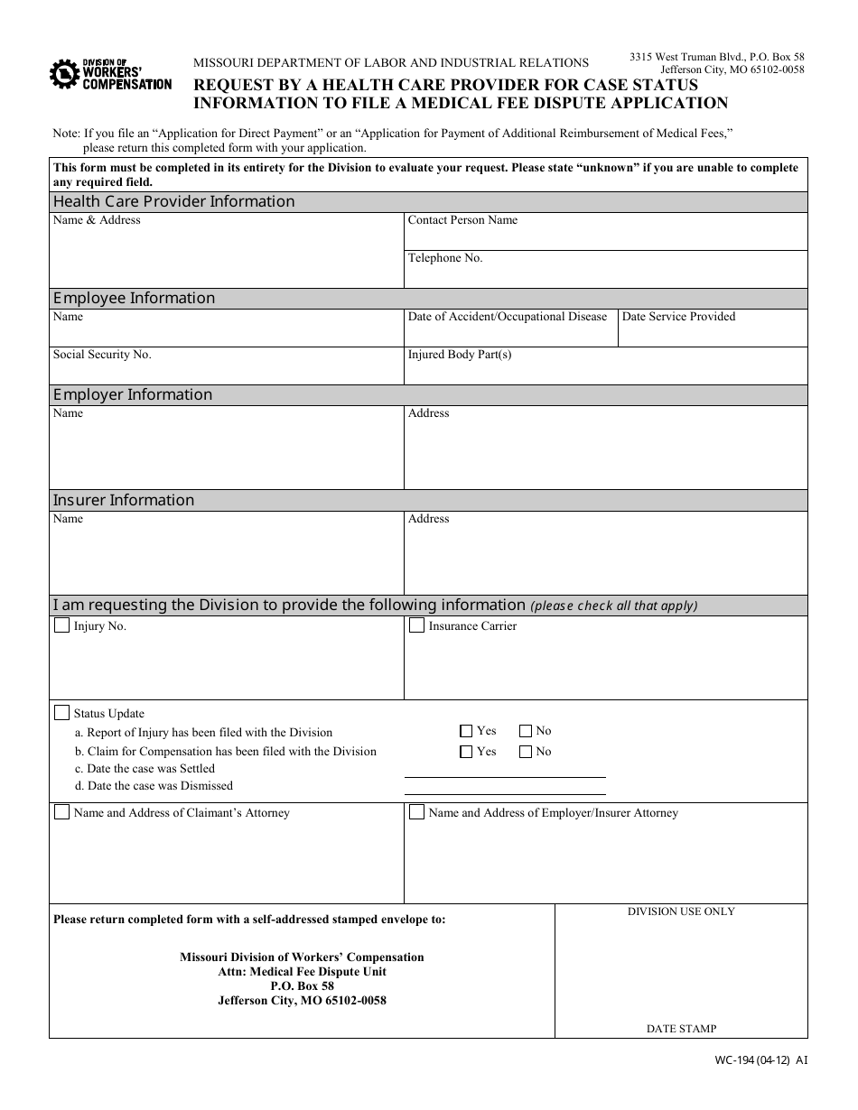 Form WC-194 Request by a Health Care Provider for Case Status Information to File a Medical Fee Dispute Application - Missouri, Page 1