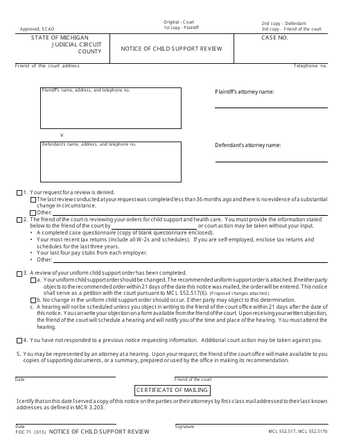 Form FOC71 Notice of Child Support Review - Michigan