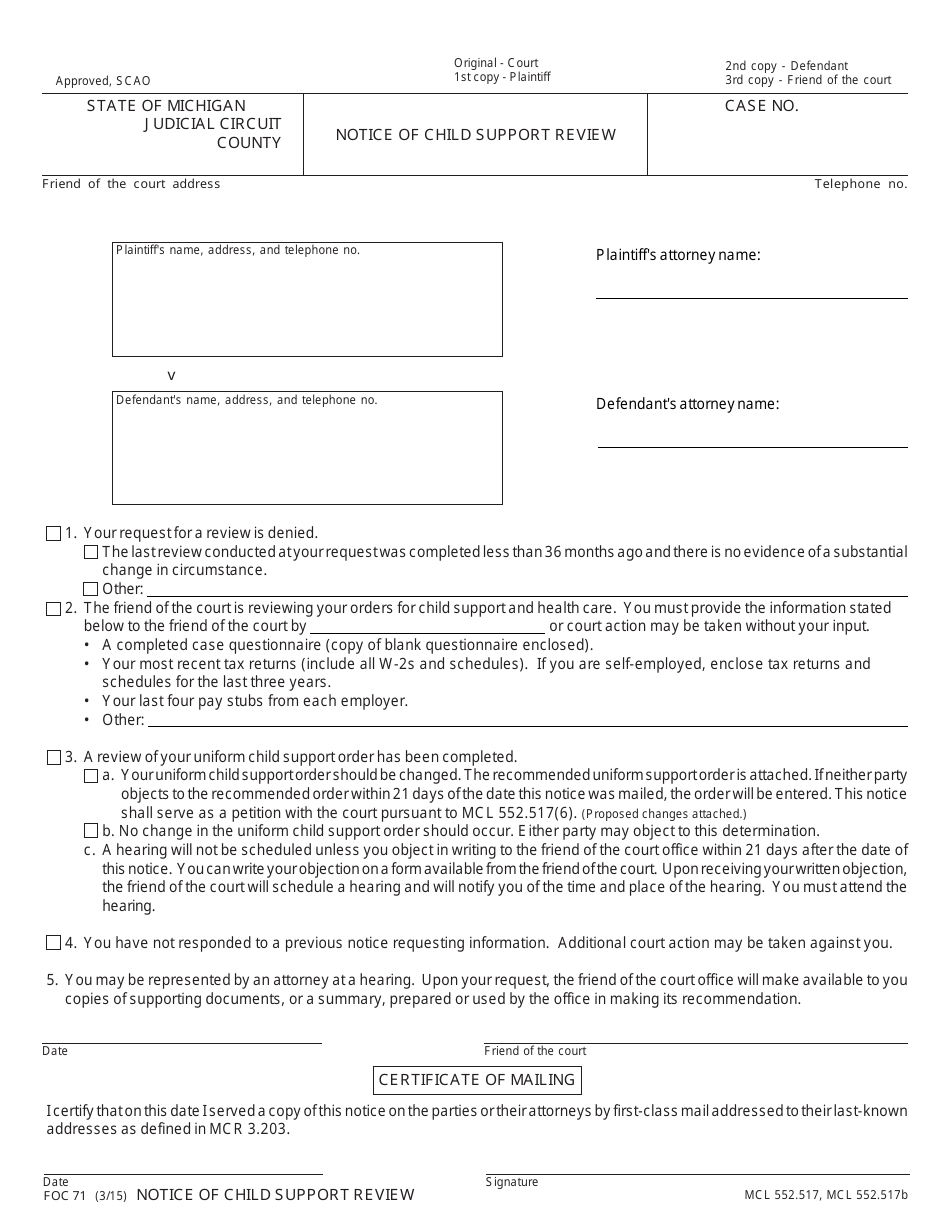 Form FOC71 - Fill Out, Sign Online and Download Printable PDF, Michigan ...