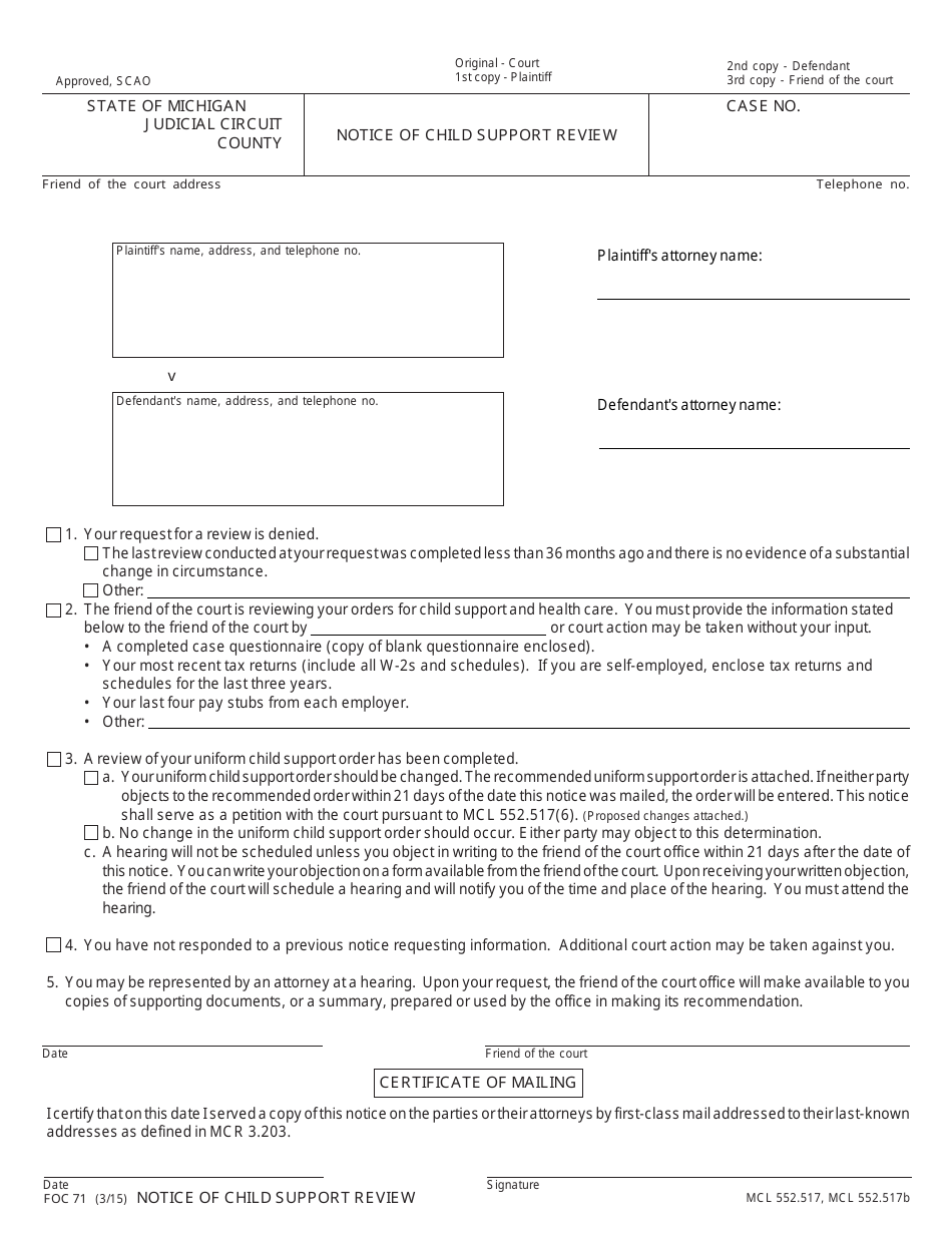 Form FOC71 Notice of Child Support Review - Michigan, Page 1