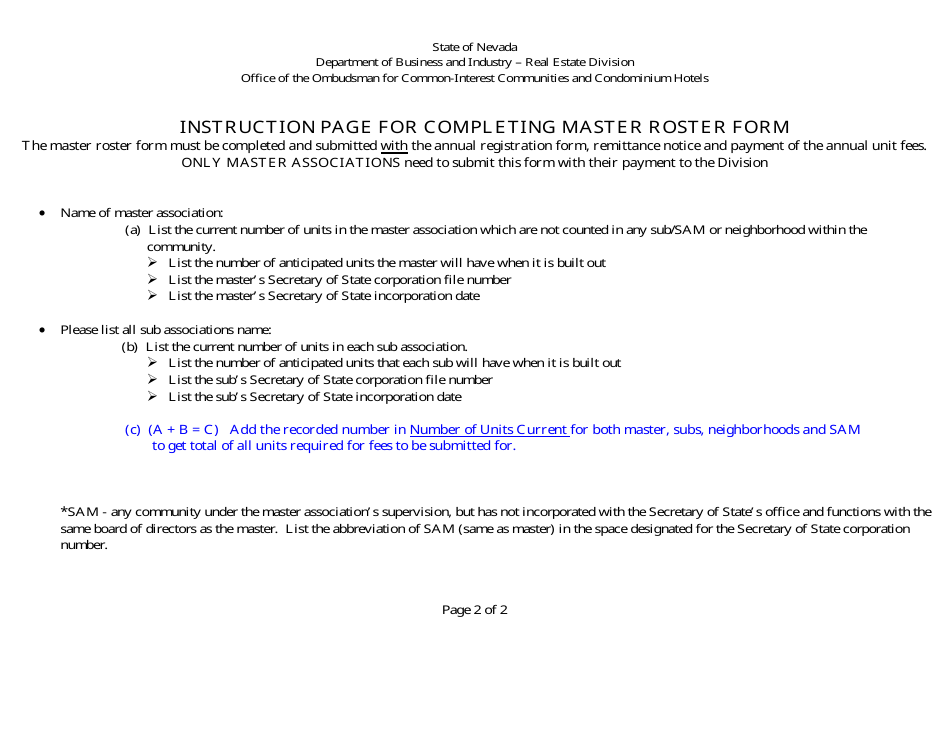 Form 620 Common-Interest Communities Master Roster - Nevada, Page 2