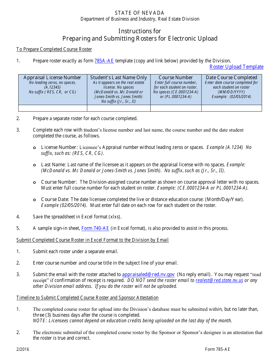 Instructions for Form 785A-AE Appraisal Education Roster Upload Template - Nevada, Page 1