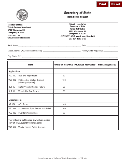Form VSD638.1 Bank Forms Request - Illinois