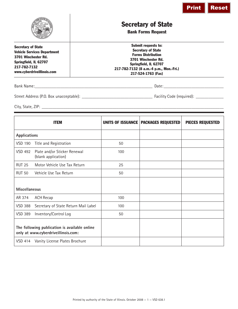 Form VSD638.1 Bank Forms Request - Illinois, Page 1