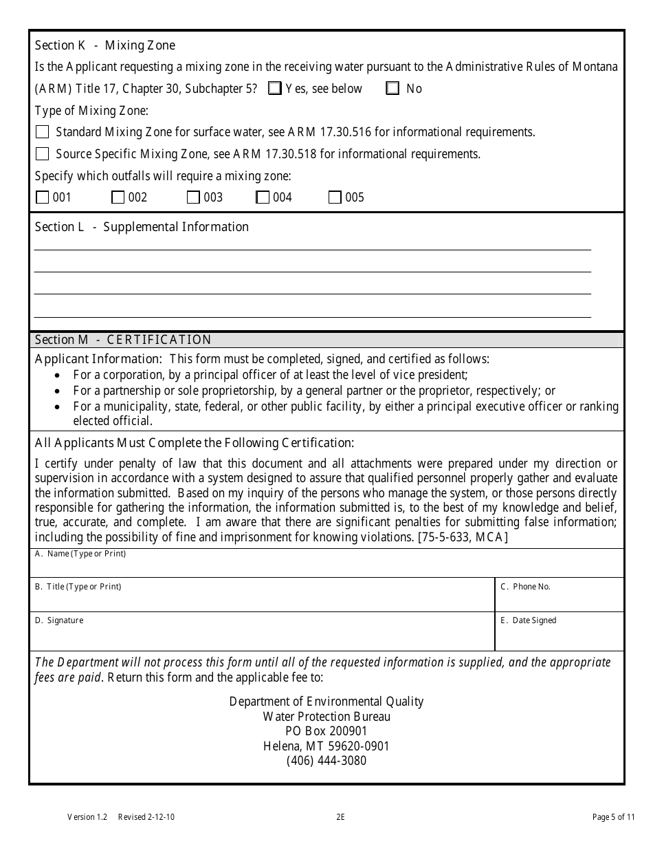 Form 2E Facilities Which Do Not Discharge Process Wastewater - Montana, Page 5