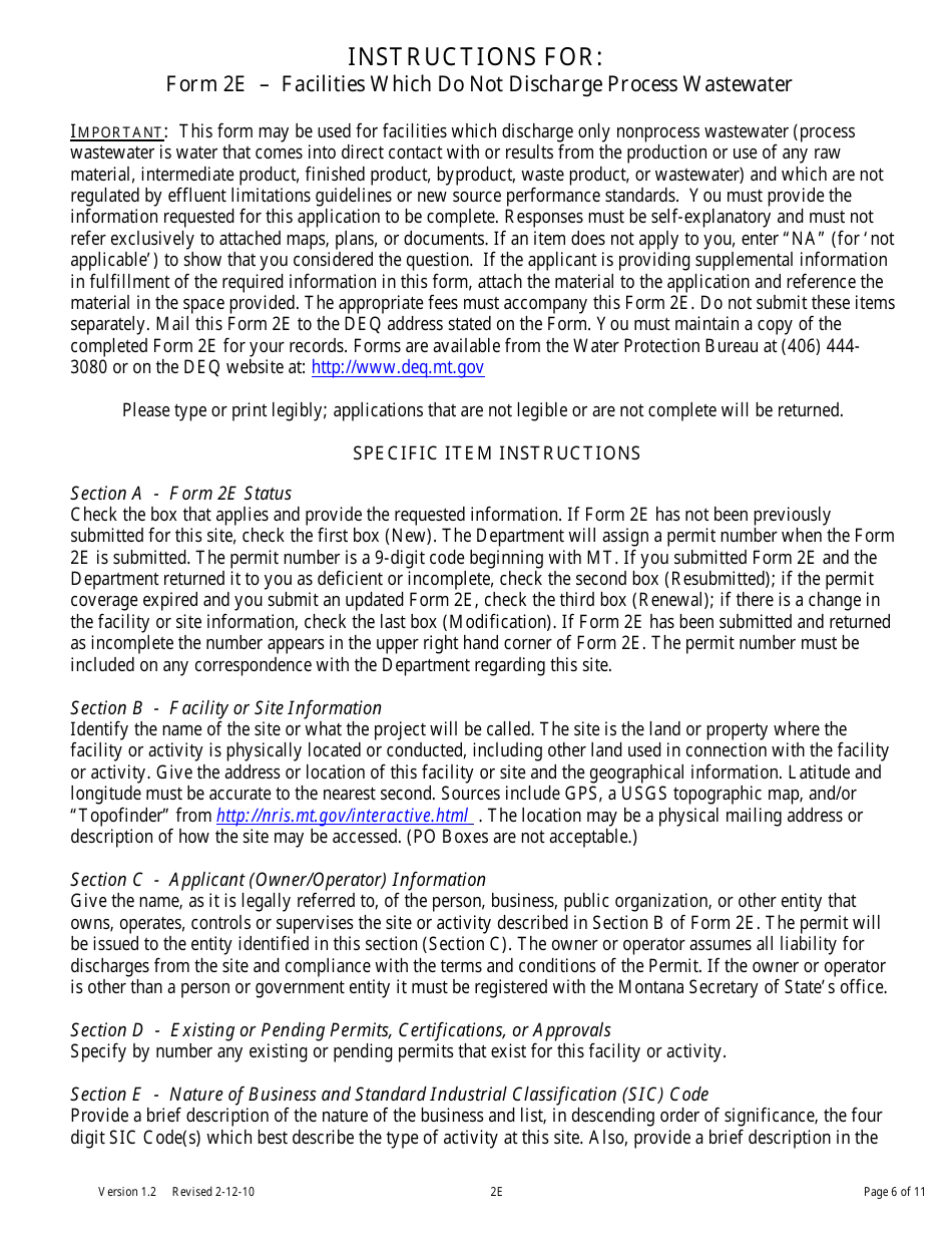 Form 2E Facilities Which Do Not Discharge Process Wastewater - Montana, Page 6