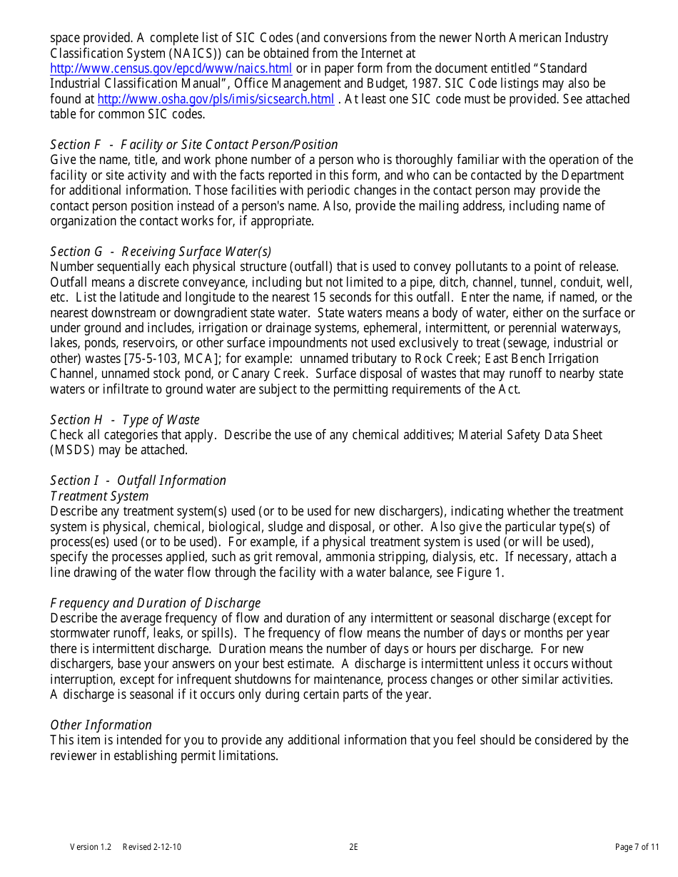 Form 2E Facilities Which Do Not Discharge Process Wastewater - Montana, Page 7