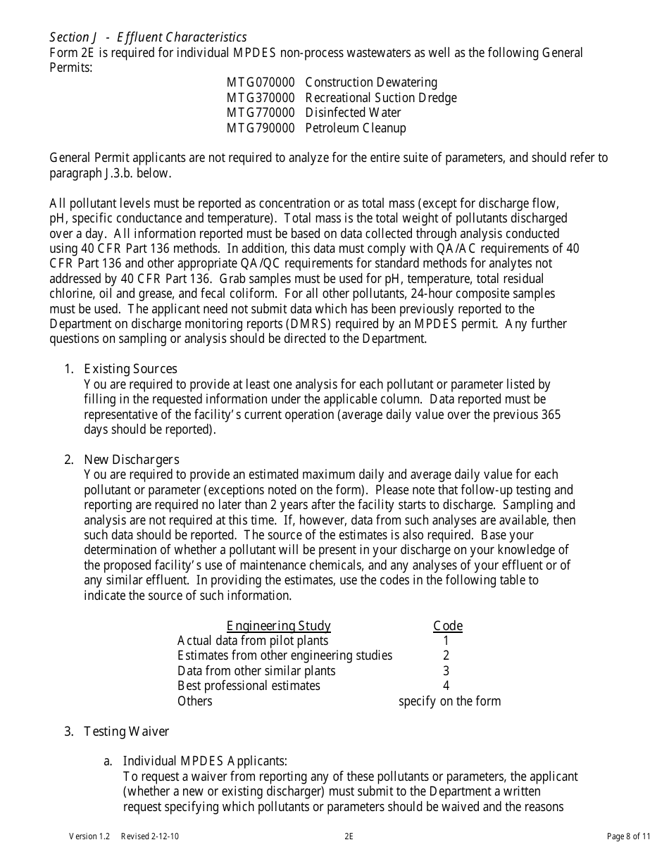 Form 2E Facilities Which Do Not Discharge Process Wastewater - Montana, Page 8
