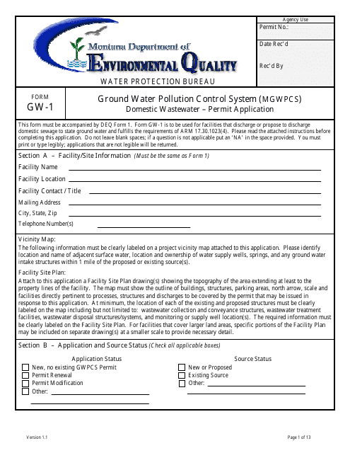 Form GW-1 Ground Water Pollution Control System (Mgwpcs) Domestic Wastewater " Permit Application - Montana