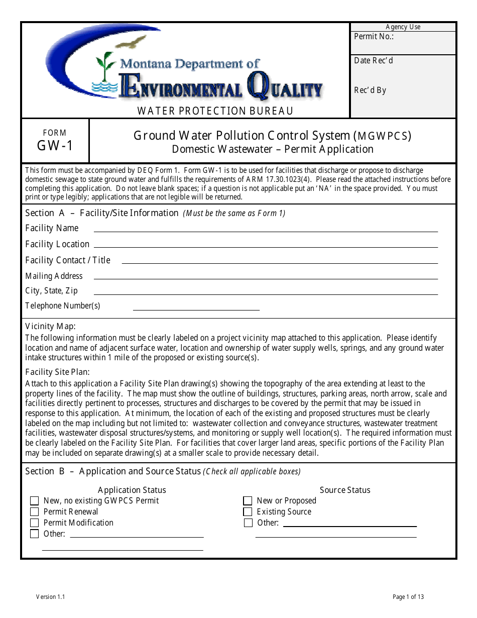 Form GW-1 Ground Water Pollution Control System (Mgwpcs) Domestic Wastewater ' Permit Application - Montana, Page 1