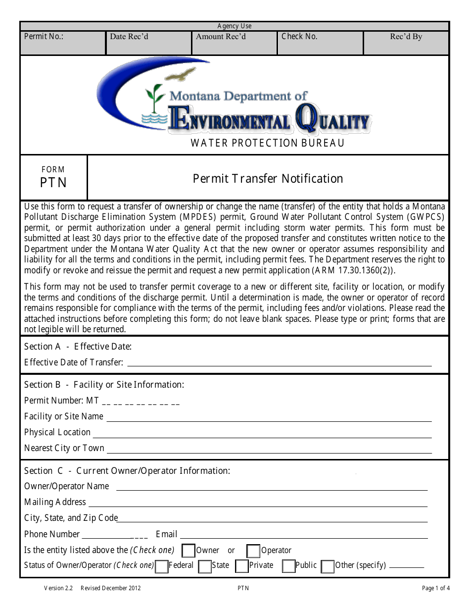 Form PTN Permit Transfer Notification - Montana, Page 1