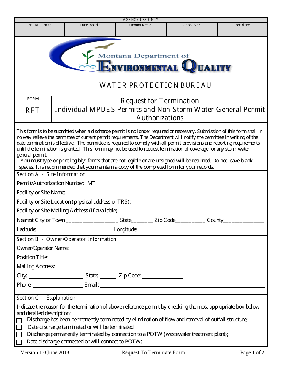 Form RFT Request for Termination Individual Mpdes Permits and Non-storm Water General Permit Authorizations - Montana, Page 1