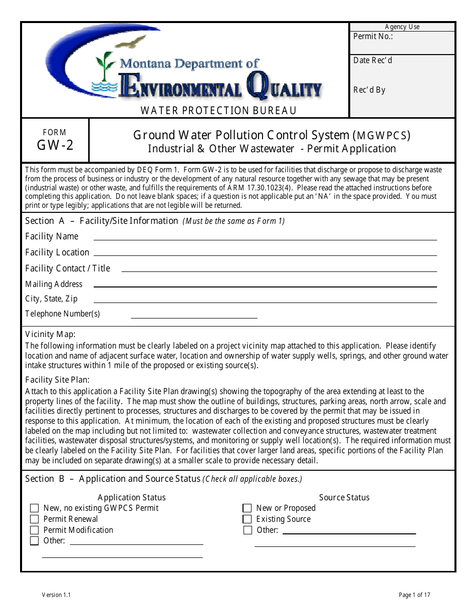 Form GW-2 Ground Water Pollution Control System (Mgwpcs) Industrial  Other Wastewater - Permit Application - Montana, Page 1