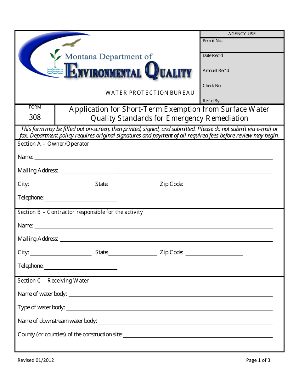 Form 308 Application for Short-Term Exemption From Surface Water Quality Standards for Emergency Remediation - Montana, Page 1