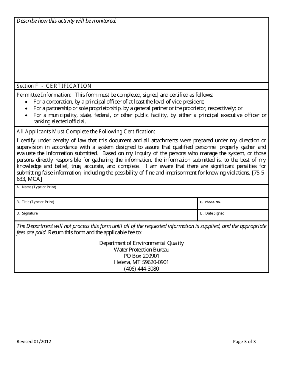 Form 308 Application for Short-Term Exemption From Surface Water Quality Standards for Emergency Remediation - Montana, Page 3