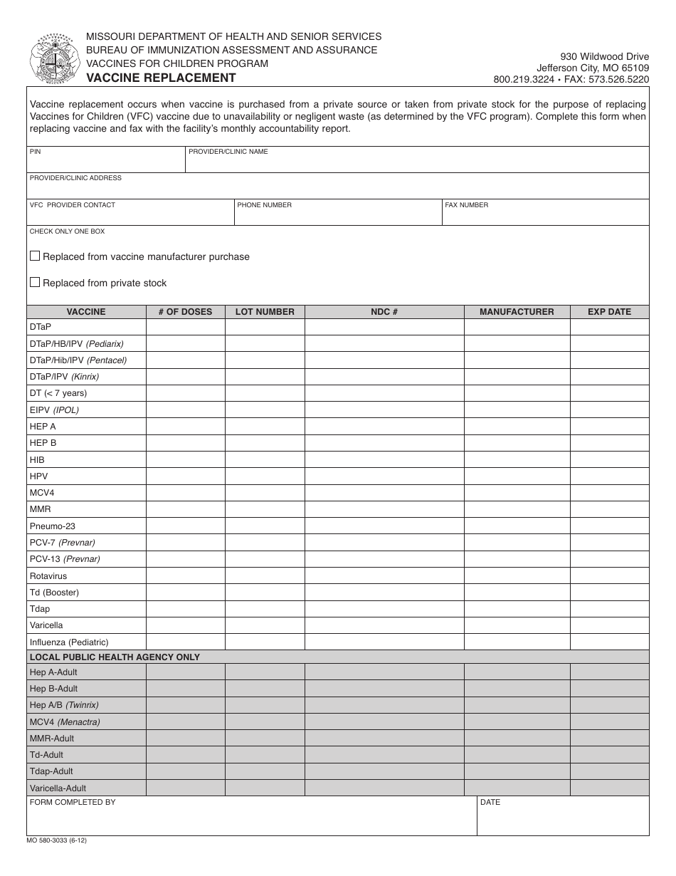 Form MO580-3033 Vaccine Replacement - Missouri, Page 1