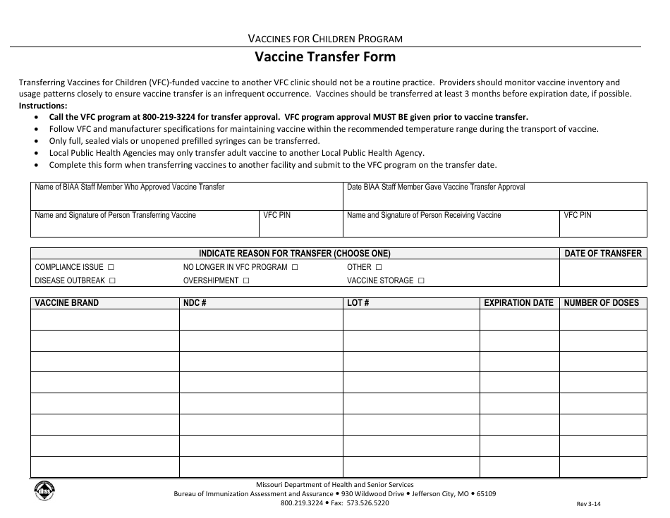 Vaccine Transfer Form - Missouri, Page 1