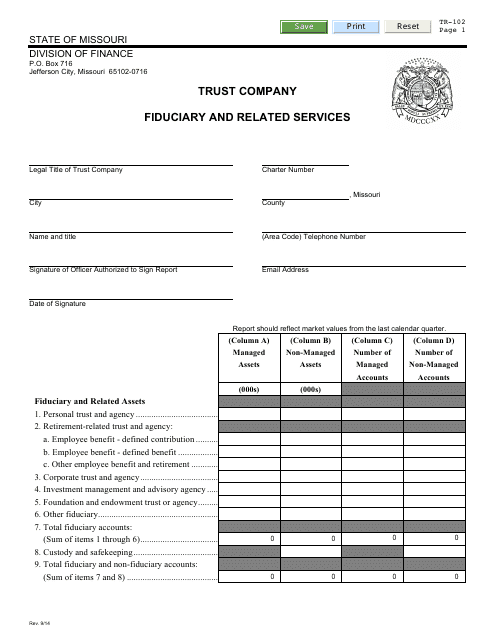 Form TR-102 Trust Company Fiduciary and Related Services - Missouri