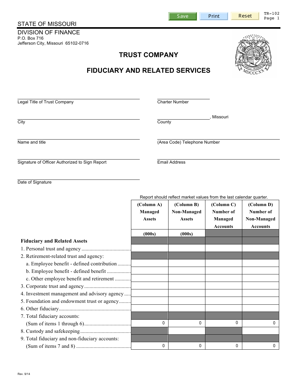 Form TR-102 Trust Company Fiduciary and Related Services - Missouri, Page 1