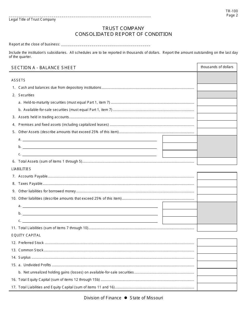 Form TR-100 Trust Company Consolidated Report of Condition and Income - Missouri, Page 2