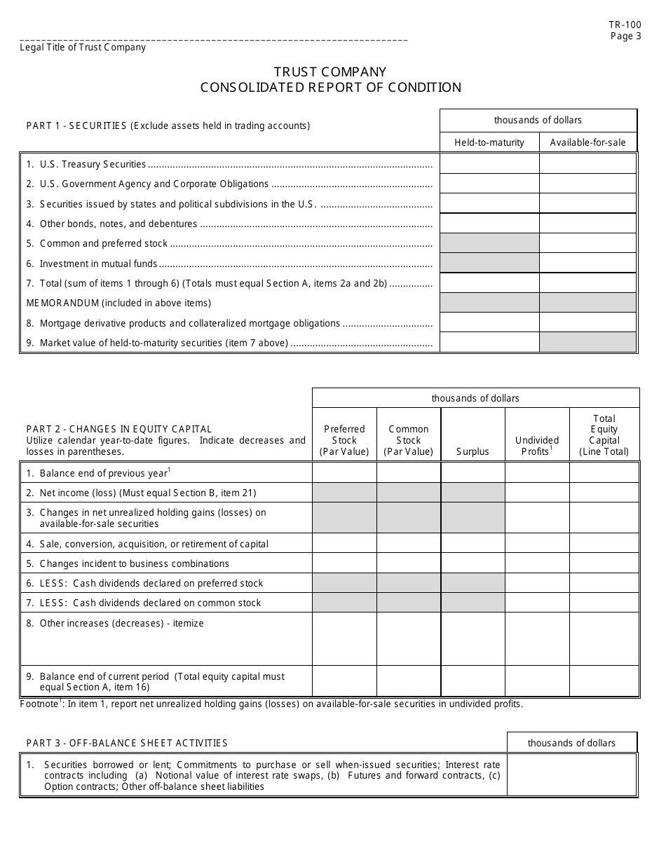 Form TR-100 Trust Company Consolidated Report of Condition and Income - Missouri, Page 3