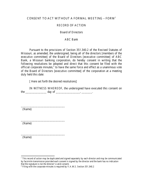Consent to Act Without a Formal Meeting - Form - Missouri