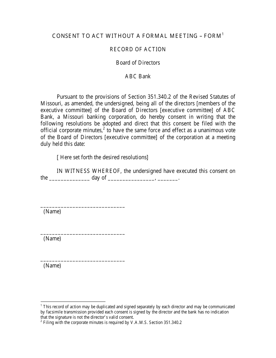 Consent to Act Without a Formal Meeting - Form - Missouri, Page 1