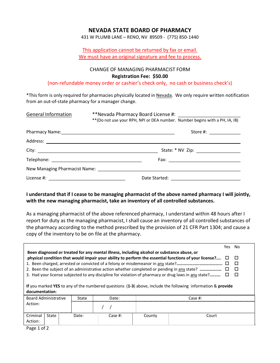 Nevada Change of Managing Pharmacist Form Fill Out, Sign Online and