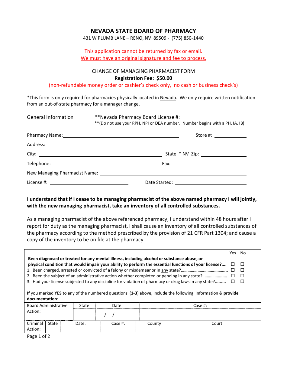 Change of Managing Pharmacist Form - Nevada, Page 1